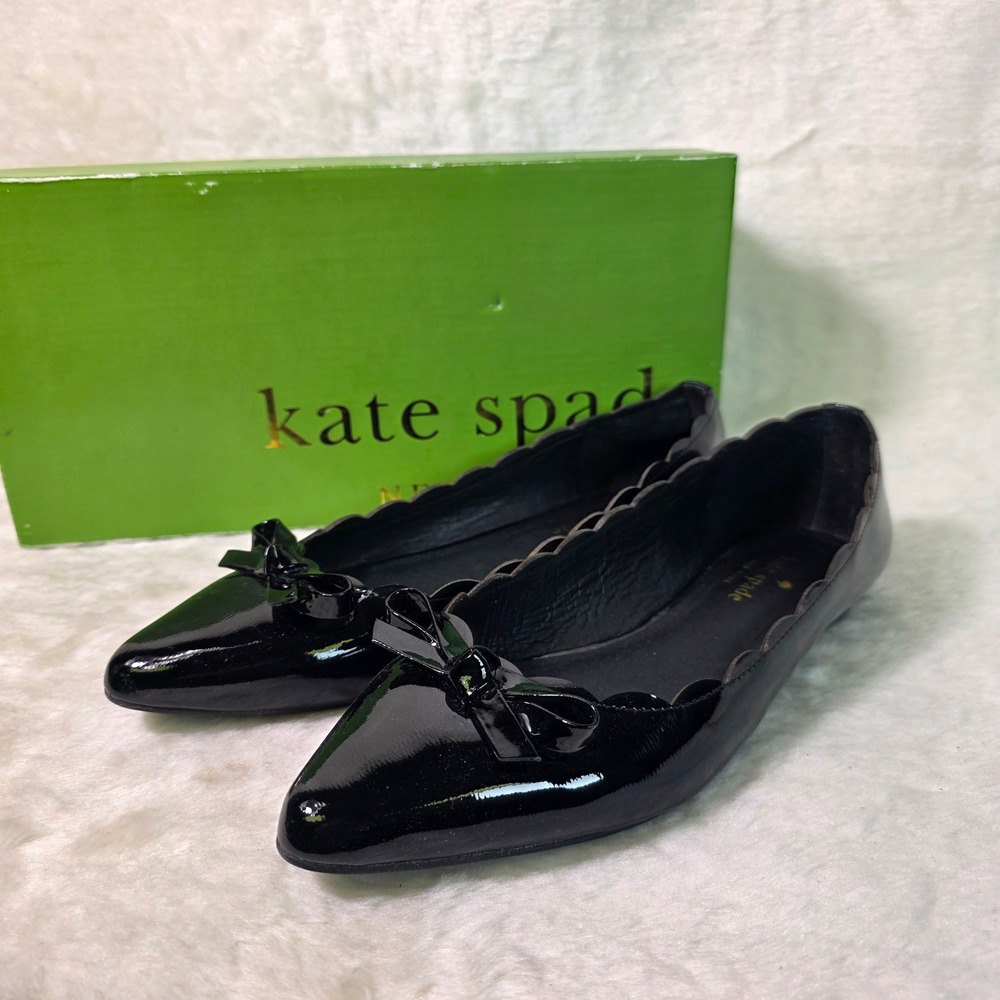 Kate Spade Eleni Flex Flats Black Patent Scalloped Bow Women 7M NEW
